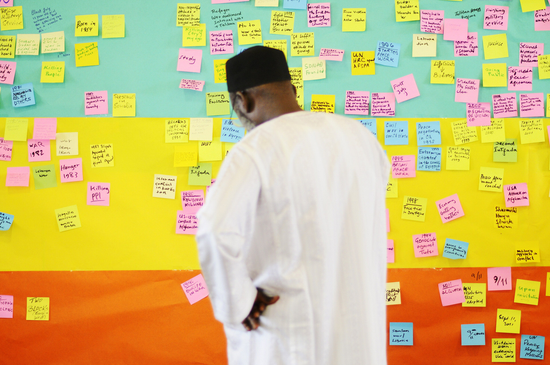 Global Peacebuilder Network - MA in front of a colorfull board with many post-its on the board
